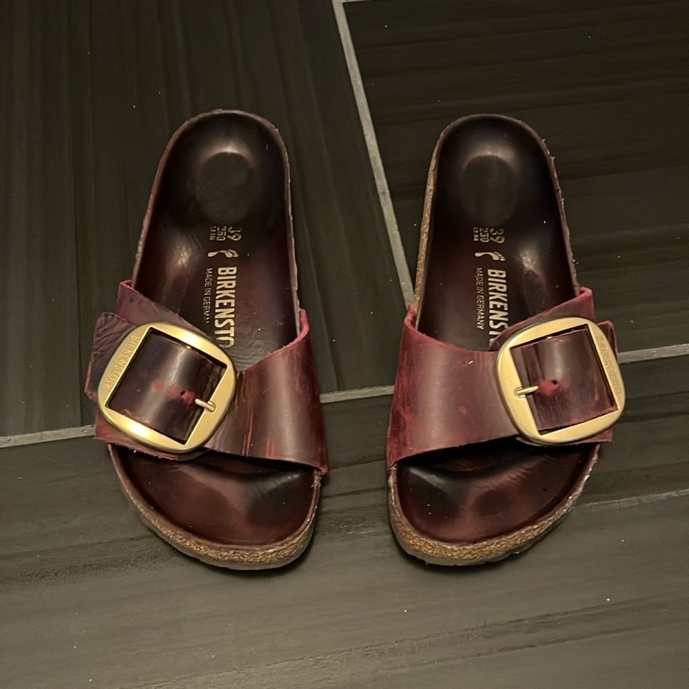 Birkenstock Women's Sandals in Burgundy with Gold Buckle